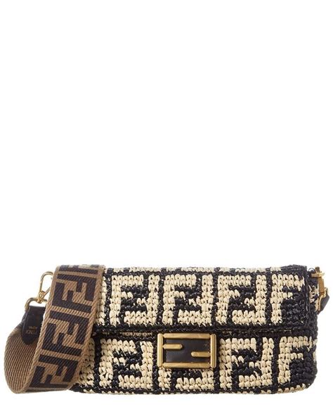 Fendi Baguette FF Raffia Shoulder Bag .